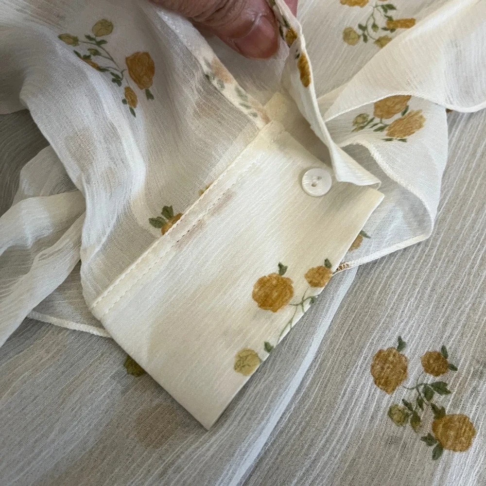 The Kooples Popcorn Floral-Print Sheer Silk Shirt Ruffle Button Down FR 1/US S - Picture 12 of 13